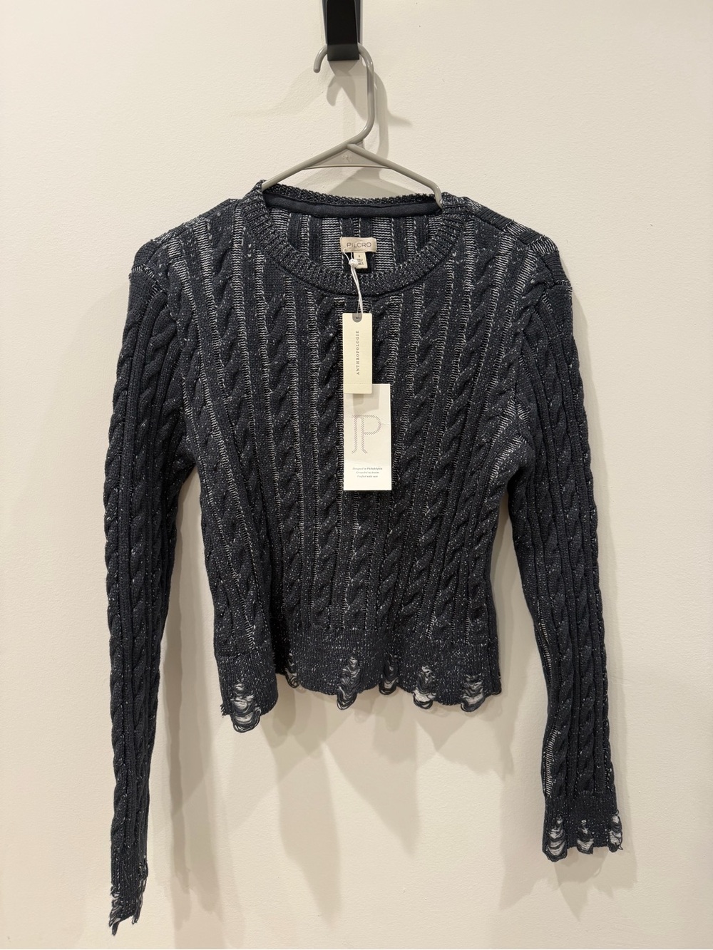 Pilcro Heathered Navy & White Women’s Cable Crewneck Sweater